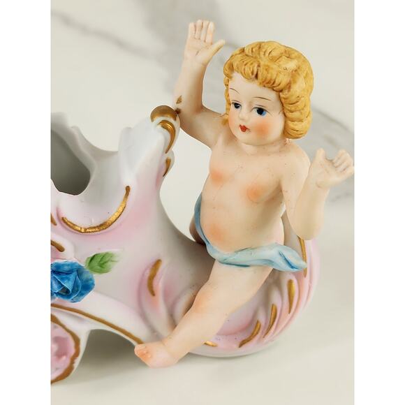 Putti Cherub Shoe Cart Porcelain Bisque 4" Figurine Blue Pink Home Decor x2 - Picture 5 of 16